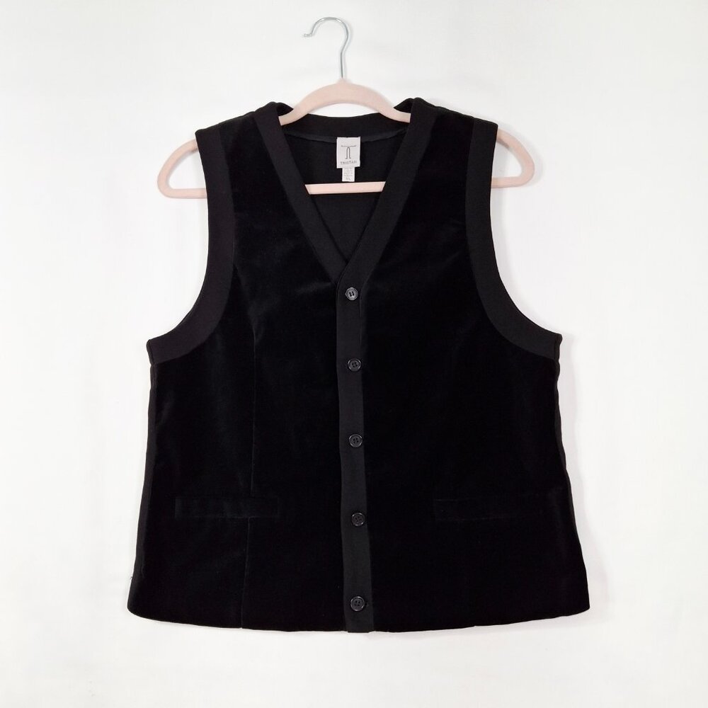 Tristan Womens Sz L Black Velvet Vest Waistcoat Button-Front Relax Fit Y2K